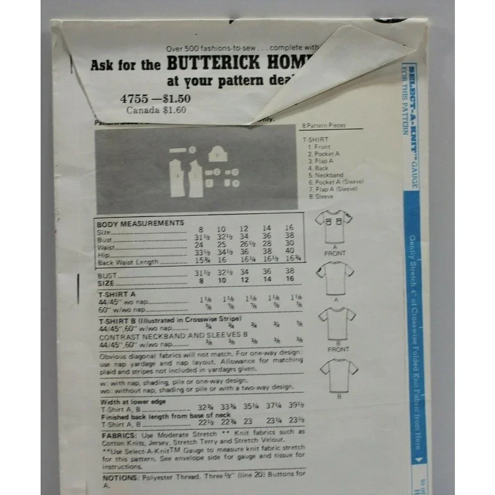 Butterick 4755 Sewing Pattern T Shirt Size‎ 12